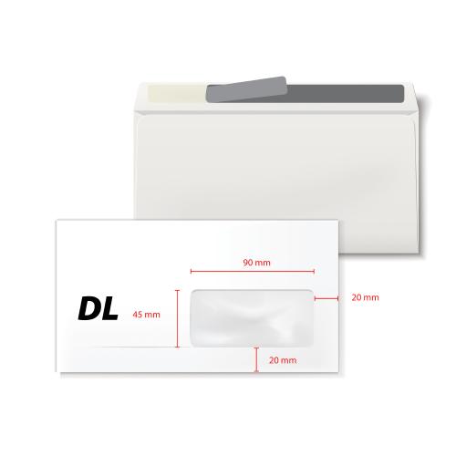 Plic DL, 110 x 220 mm, fereastra dreapta 35 x 90 mm, alb, banda silicon, 80 g/mp