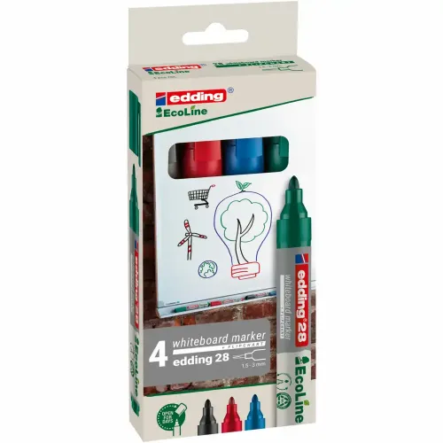 Marker pentru tabla Edding 28, ecologic, varf rotund, 1.5-3 mm, 4 culori/set (negru, rosu, albastru, verde)