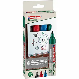 Marker pentru tabla Edding 28, ecologic, varf rotund, 1.5-3 mm, 4 culori/set (negru, rosu, albastru, verde)