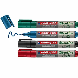 Marker pentru tabla Edding 28, ecologic, varf rotund, 1.5-3 mm, 4 culori/set (negru, rosu, albastru, verde)