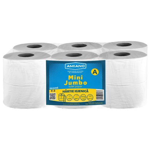 Hartie igienica Mini Jumbo, alba, 2 straturi, 12 role