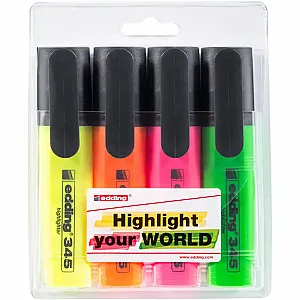 Textmarker Edding 345, varf 2-5 mm, 4 culori/set ( galben, roz, albastru, verde)