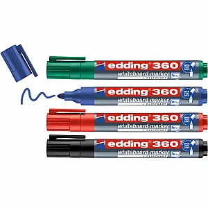 Set 4 markere Edding 360 pentru tabla, varf 1.5-3 mm, negru, rosu, albastru, verde