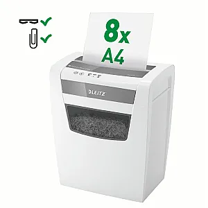 Distrugator documente manual Leitz IQ Home Office, P4, micro-cut (particule), 8 coli, cos 15l, silentios, alb-gri