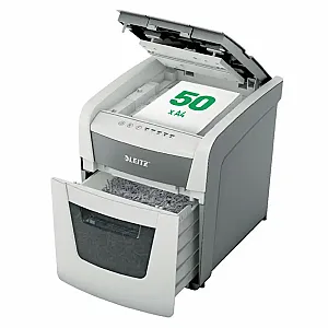 Distrugator documente automat Leitz IQ Small Office, P4, cross-cut, 50 coli, cos 20l, silentios, alb-gri