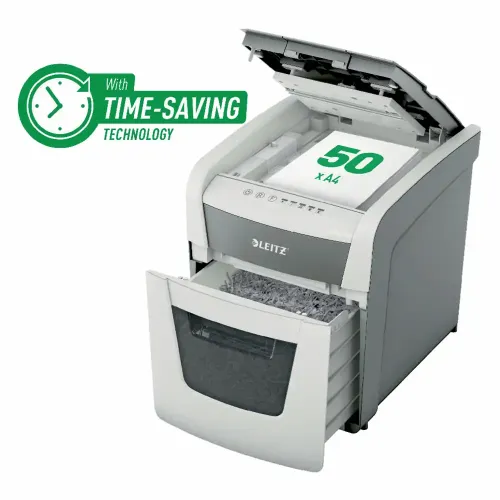 Distrugator documente automat Leitz IQ Small Office, P4, cross-cut, 50 coli, cos 20l, silentios, alb-gri