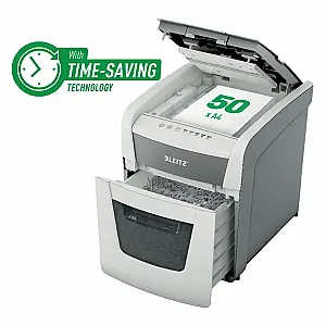 Distrugator documente automat Leitz IQ Small Office, P4, cross-cut, 50 coli, cos 20l, silentios, alb-gri