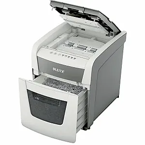 Distrugator documente automat Leitz IQ Small Office, P4, cross-cut, 50 coli, cos 20l, silentios, alb-gri