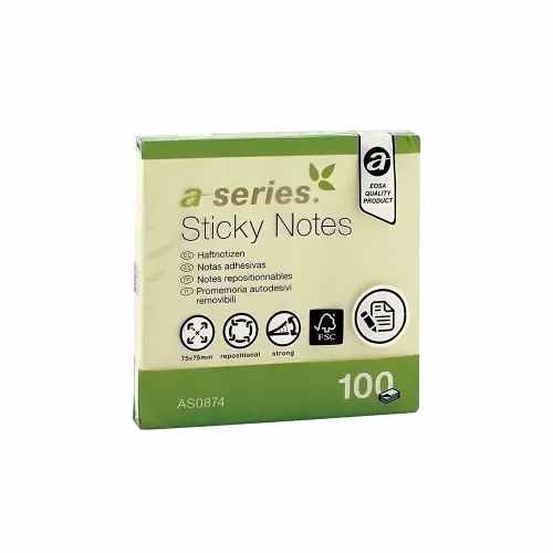 Notite adezive, A-Series, 75 x 75 mm, galben, 100 file.