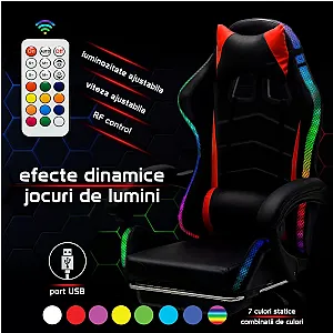 Scaun de gaming negru din piele ecologică cu lumini RGB și funcție de masaj OFF 303