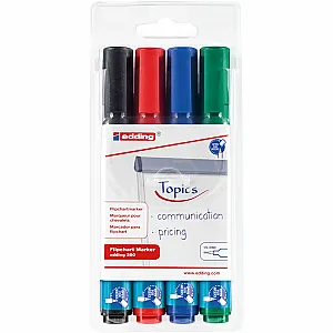 Marker Edding 380 pentru flipchart, varf rotund, 1.5-3 mm, 4 culori/set (negru, albastru, rosu, verde)