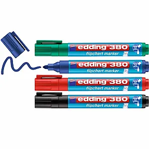 Marker Edding 380 pentru flipchart, varf rotund, 1.5-3 mm, 4 culori/set (negru, albastru, rosu, verde)