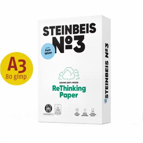 Hartie copiator reciclata, Steinbeis NO 3 Pure White, A3, 80 g/mp,  CUTIE  5X 500 coli/top